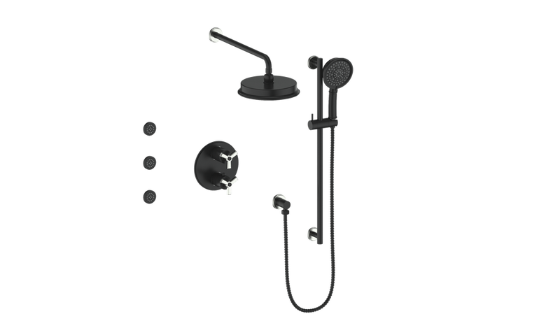 Vogt Zehn 3-Function Thermostatic Shower System with 8" Rain Head, Hand Shower & Body Jets – Wall-Mount – Matte Black / Stainless Steel – SET.Z3.320.810.SB