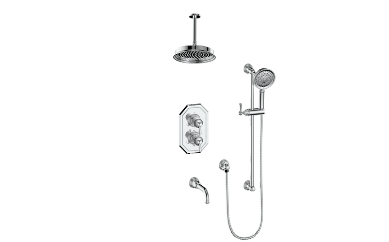 Vogt Carinthia 3-Function Thermostatic Tub & Shower System with 8" Rain Head, Hand Shower & Tub Spout – Ceiling-Mount – Chrome – SET.C11.320.316.CC