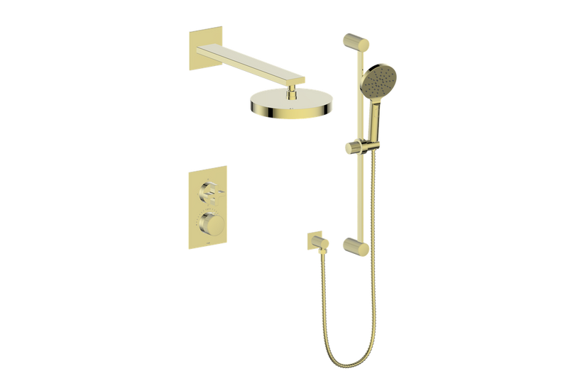 Vogt Mond 2-Function Thermostatic Shower System with 10" Rain Head & Hand Shower – Wall-Mount – Brushed Gold – SET.M3.220.210.BG