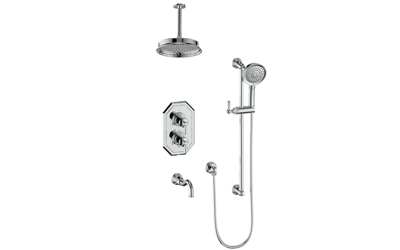 Vogt Carinthia 3-Function Thermostatic Tub & Shower System with 8" Rain Head, Hand Shower & Tub Spout – Ceiling-Mount – Chrome – SET.C12.320.316.CC