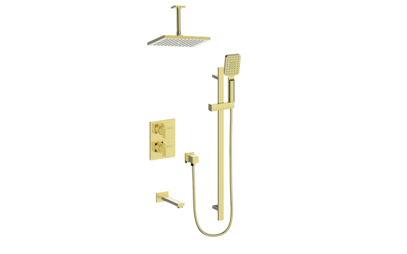 Vogt Kapfenberg 3-Function Thermostatic Tub & Shower System with 10" Rain Head, Hand Shower & Tub Spout – Ceiling-Mount – Brushed Gold – SET.AP.320.326.BG