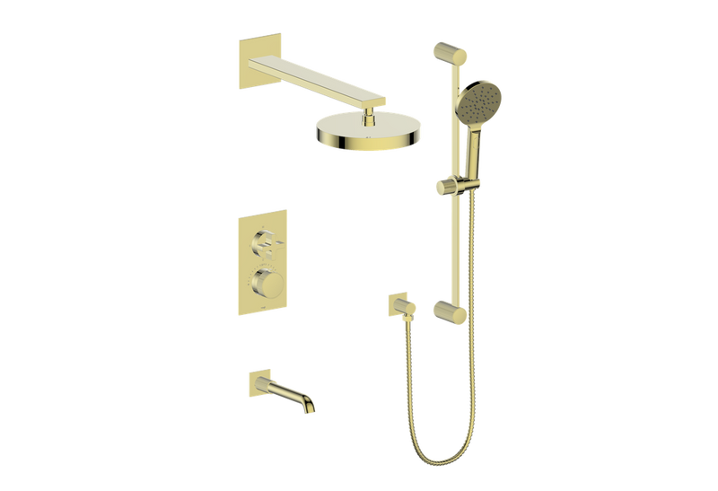 Vogt Mond 3-Function Thermostatic Tub & Shower System with 10" Rain Head, Hand Shower & Tub Spout – Wall-Mount – Brushed Gold – SET.M3.320.310.BG