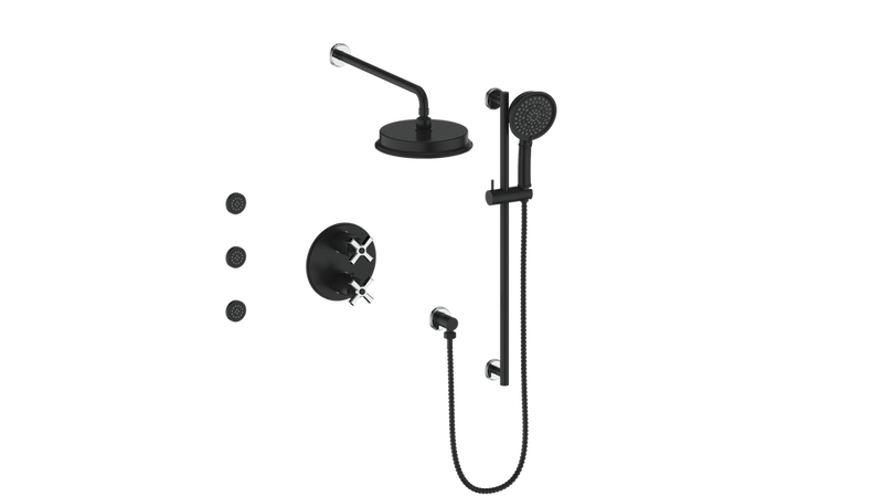 Vogt Zehn 3-Function Thermostatic Shower System with 8" Rain Head, Hand Shower & Body Jets – Wall-Mount – Matte Black / Chrome – SET.Z4.320.810.CB