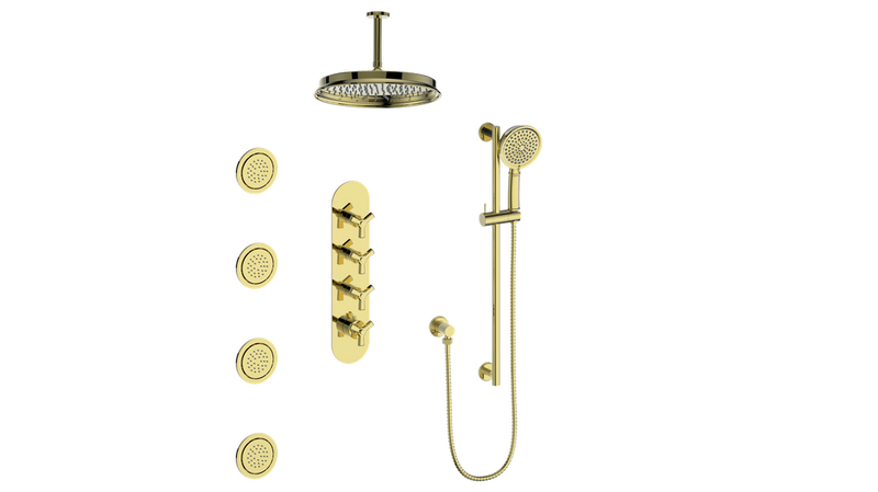 Vogt Zehn 3/4" High-Flow Thermostatic Shower System with 12" Rain Head, Hand Shower & Body Jets – Ceiling-Mount – Brushed Gold – SET.Z3.350.936.BG
