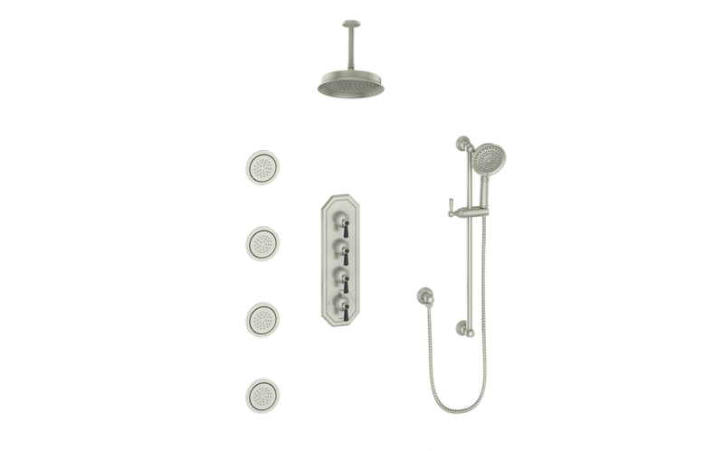 Vogt Carinthia 3/4" High-Flow Thermostatic Shower System with 12" Rain Head, Hand Shower & Body Jets – Ceiling-Mount – Lever Handle – Brushed Nickel / Matte Black – SET.C1.350.936.BB