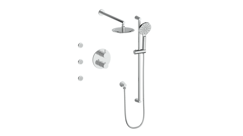 Vogt Worgl 3-Function Thermostatic Shower System with 8" Rain Head, Hand Shower & Body Jets – Wall-Mount – Chrome – SET.WL.320.810.CC