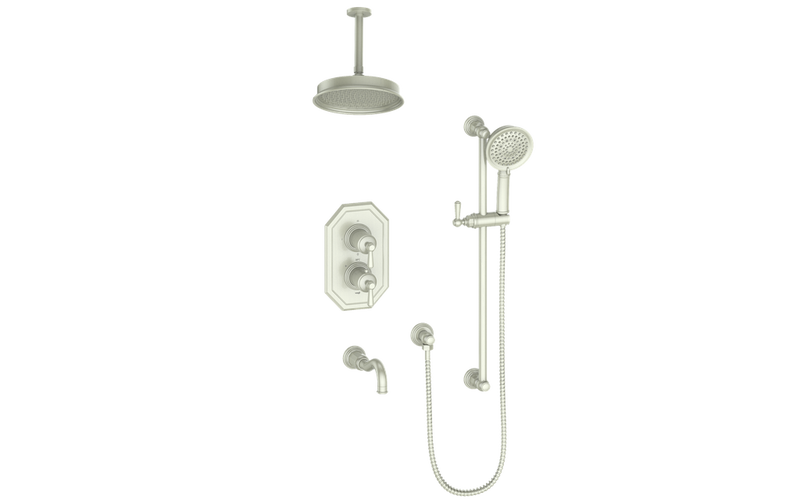 Vogt Carinthia 3-Function Thermostatic Tub & Shower System with 8" Rain Head, Hand Shower & Tub Spout – Ceiling-Mount – Brushed Nickel – SET.C12.320.316.BN