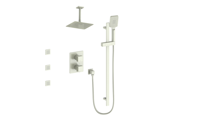 Vogt Kapfenberg 3-Function Thermostatic Shower System with 10" Rain Head, Hand Shower & Body Jets – Ceiling-Mount – Brushed Nickel – SET.KG.320.816.BN