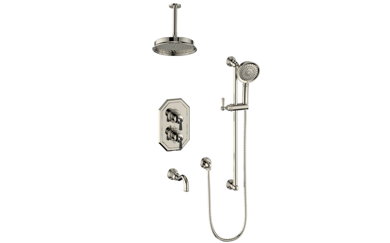 Vogt Carinthia 3-Function Thermostatic Tub & Shower System with 8" Rain Head, Hand Shower & Tub Spout – Ceiling-Mount – Polished Nickel / Matte Black – SET.C12.320.316.PB