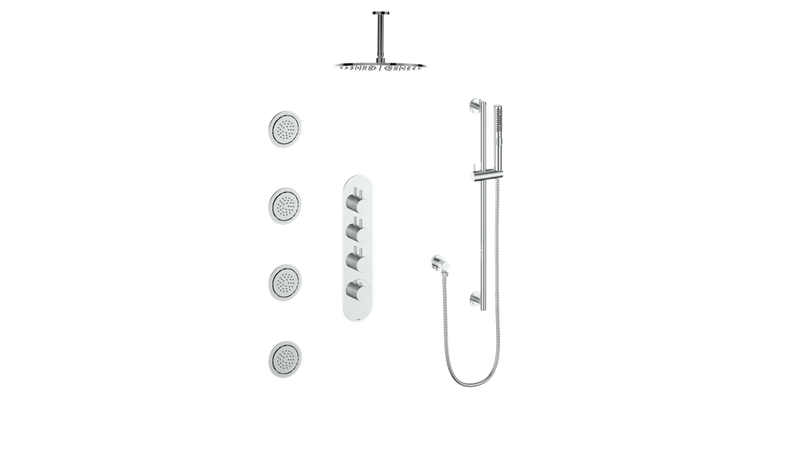 Vogt Drava 3-Function Thermostatic Shower System with 12" Rain Head, Hand Shower & Body Jets – Ceiling-Mount – 3/4" Valve – Chrome – SET.DA.350.936.CC