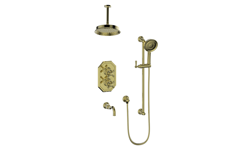 Vogt Carinthia 3-Function Thermostatic Tub & Shower System with 8" Rain Head, Hand Shower & Tub Spout – Ceiling-Mount – Brushed Gold – SET.C32.320.316.BG