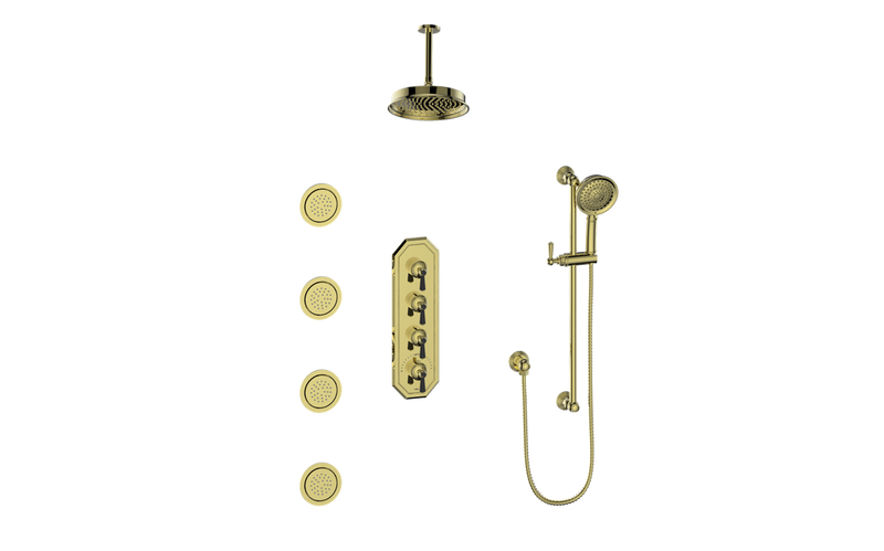Vogt Carinthia 3/4" High-Flow Thermostatic Shower System with 12" Rain Head, Hand Shower & Body Jets – Ceiling-Mount – Lever Handle – Brushed Gold / Matte Black – SET.C1.350.936.BGB