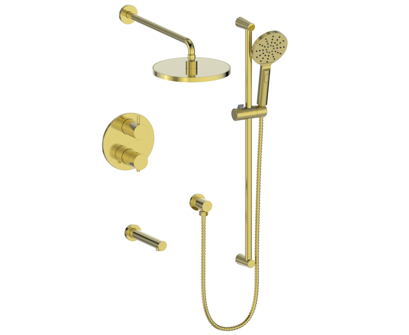 Vogt Worgl 3-Function Thermostatic Tub & Shower System with 10" Rain Head, Hand Shower & Tub Spout – Wall-Mount – Brushed Gold – SET.OR.320.320.BG
