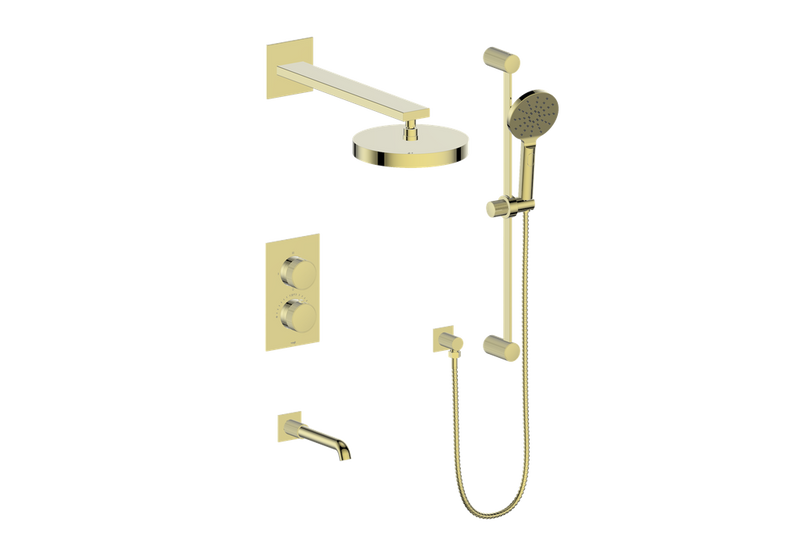 Vogt Mond 3-Function Thermostatic Tub & Shower System with 10" Rain Head, Hand Shower & Tub Spout – Wall-Mount – Brushed Gold – SET.M1.320.310.BG