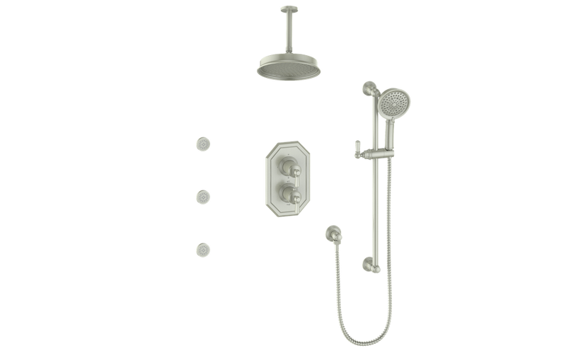 Vogt Carinthia 3-Function Thermostatic Shower System with 8" Rain Head, Hand Shower & Body Jets – Ceiling-Mount – Octagonal Handle – Brushed Nickel – SET.C2.320.816.BN
