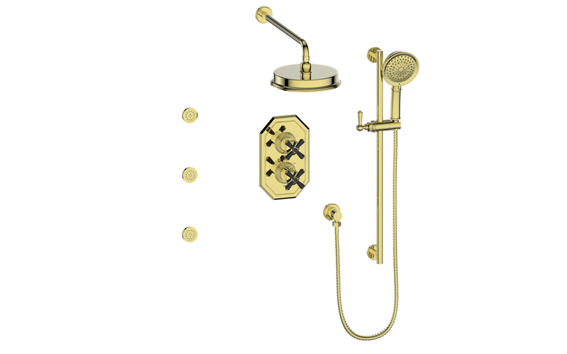 Vogt Carinthia 3-Function Thermostatic Shower System with 8" Rain Head, Hand Shower & Body Jets – Wall-Mount – Cross Handle – Brushed Gold / Matte Black – SET.C3.320.810.BGB