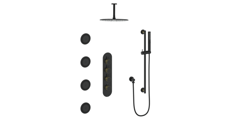 Vogt Drava 3-Function Thermostatic Shower System with 12" Rain Head, Hand Shower & Body Jets – Ceiling-Mount – 3/4" Valve – Matte Black / Brushed Gold – SET.DA.350.936.BGB