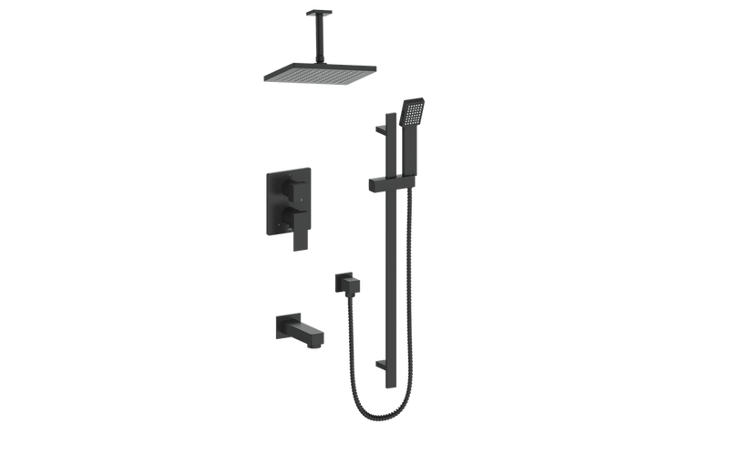 Vogt Kapfenberg 3-Function Pressure-Balanced Tub & Shower System with 8" Rain Head, Hand Shower & Tub Spout – Ceiling-Mount – Matte Black – SET.AP.310.316.MB