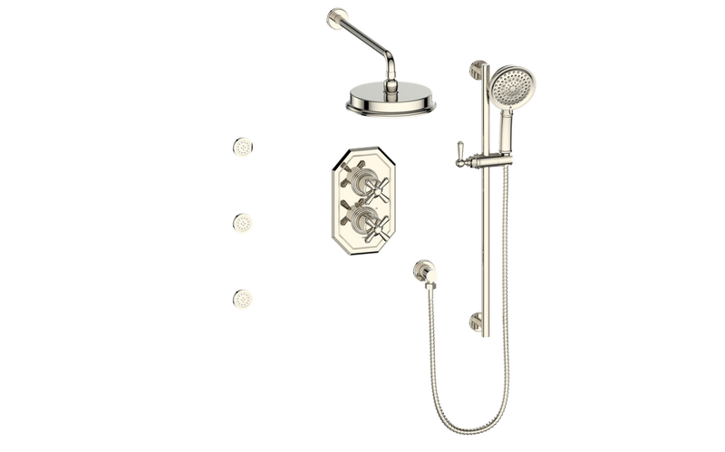 Vogt Carinthia 3-Function Thermostatic Shower System with 8" Rain Head, Hand Shower & Body Jets – Wall-Mount – Cross Handle – Polished Nickel – SET.C3.320.810.PN