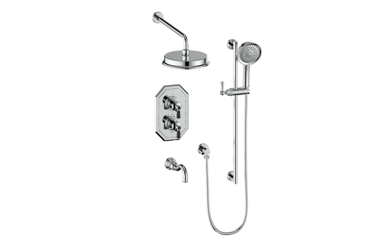 Vogt Carinthia 3-Function Thermostatic Tub & Shower System with 8" Rain Head, Hand Shower & Tub Spout – Wall-Mount – Chrome / Matte Black – SET.C22.320.310.CB