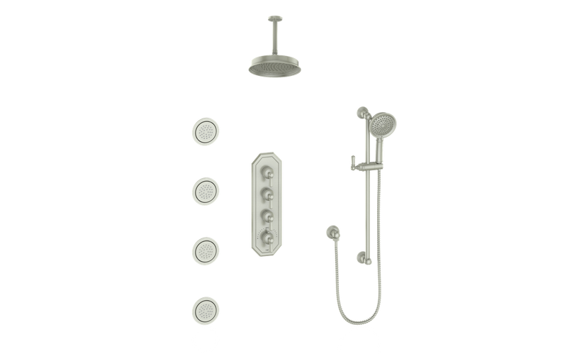 Vogt Carinthia 3/4" High-Flow Thermostatic Shower System with 12" Rain Head, Hand Shower & Body Jets – Ceiling-Mount – Octagonal Handle – Brushed Nickel – SET.C2.350.936.BN