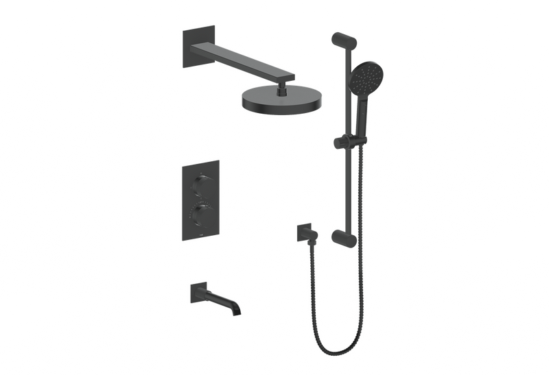 Vogt Mond 3-Function Thermostatic Tub & Shower System with 10" Rain Head, Hand Shower & Tub Spout – Wall-Mount – Matte Black – SET.M1.320.310.MB