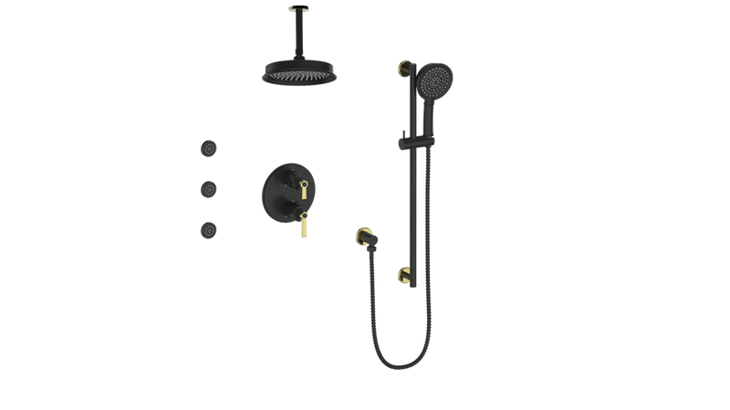 Vogt Zehn 3-Function Thermostatic Shower System with 8" Rain Head, Hand Shower & Body Jets – Ceiling-Mount – Matte Black / Brushed Gold – SET.Z1.320.816.BGB