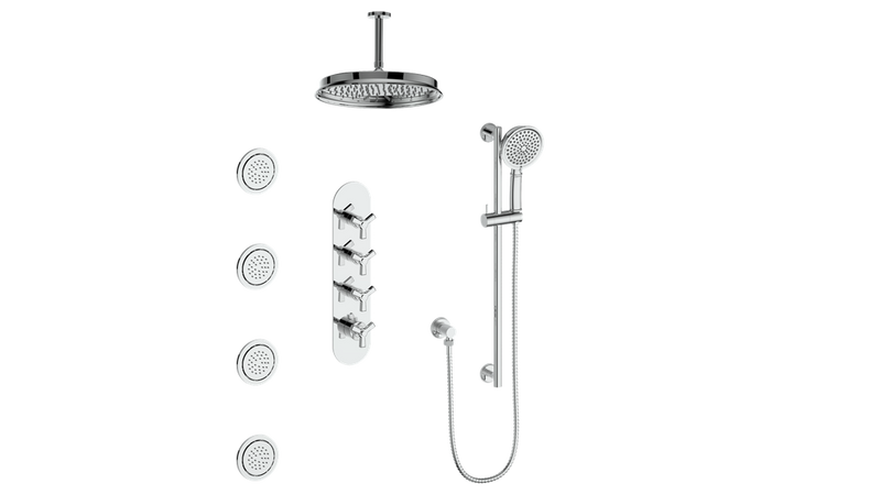 Vogt Zehn 3/4" High-Flow Thermostatic Shower System with 12" Rain Head, Hand Shower & Body Jets – Ceiling-Mount – Chrome – SET.Z3.350.936.CC