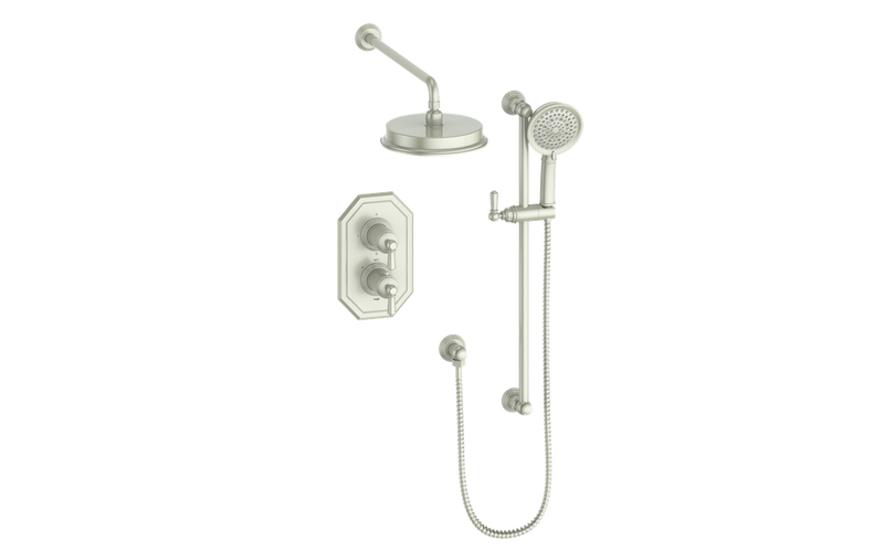 Vogt Carinthia 2-Function Thermostatic Shower System with 8" Rain Head & Hand Shower – Wall-Mount – Octagonal Handle – Brushed Nickel – SET.C2.220.210.BN