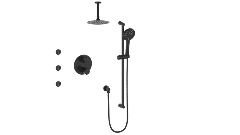 Vogt Worgl 3-Function Thermostatic Shower System with 8" Rain Head, Hand Shower & Body Jets – Ceiling-Mount – Matte Black – SET.WL.320.816.MB