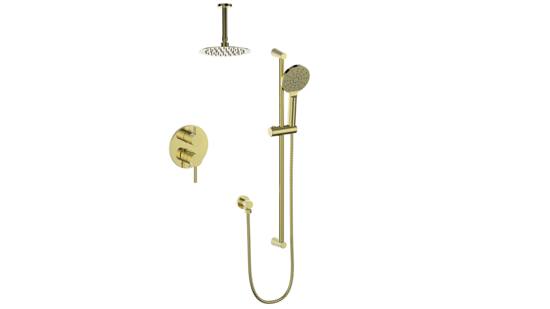 Vogt Worgl 2-Function Pressure-Balanced Shower System with 8" Rain Head & Hand Shower – Ceiling-Mount – Brushed Gold – SET.WL.210.216.BG