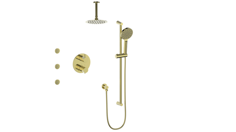 Vogt Worgl 3-Function Thermostatic Shower System with 8" Rain Head, Hand Shower & Body Jets – Ceiling-Mount – Brushed Gold – SET.WL.320.816.BG