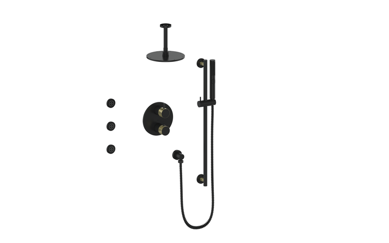 Vogt Drava 3-Function Thermostatic Shower System with 8" Rain Head, Hand Shower & Body Jets – Ceiling-Mount – Matte Black / Brushed Gold – SET.DA.320.816.BGB