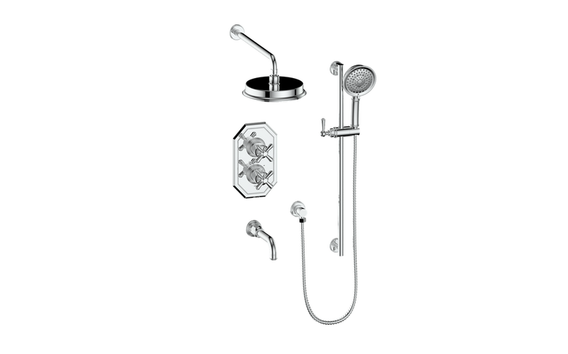 Vogt Carinthia 3-Function Thermostatic Tub & Shower System with 8" Rain Head, Hand Shower & Tub Spout – Wall-Mount – Chrome – SET.C31.320.310.CC