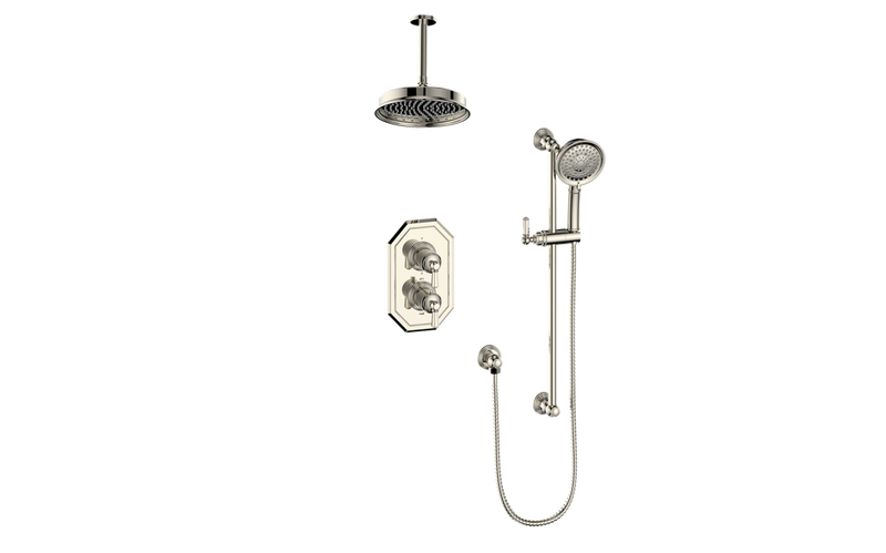 Vogt Carinthia 2-Function Thermostatic Shower System with 8" Rain Head & Hand Shower – Ceiling-Mount – Octagonal Handle – Polished Nickel – SET.C2.220.216.PN