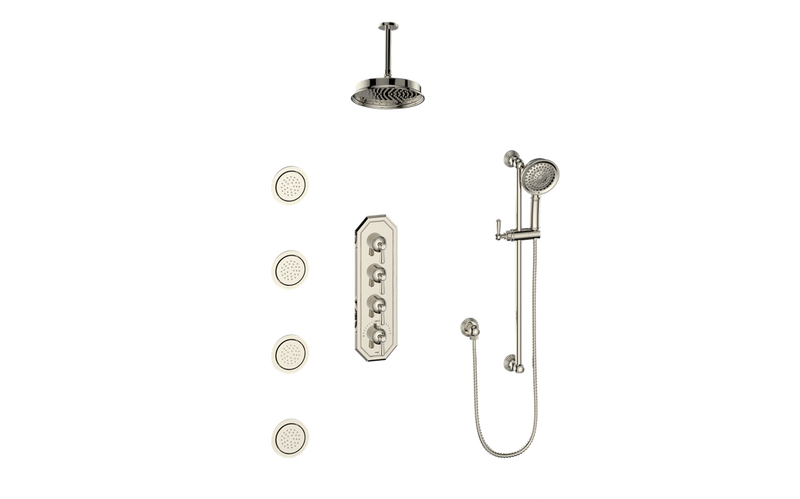 Vogt Carinthia 3/4" High-Flow Thermostatic Shower System with 12" Rain Head, Hand Shower & Body Jets – Ceiling-Mount – Cross Handle – Polished Nickel – SET.C3.350.936.PN
