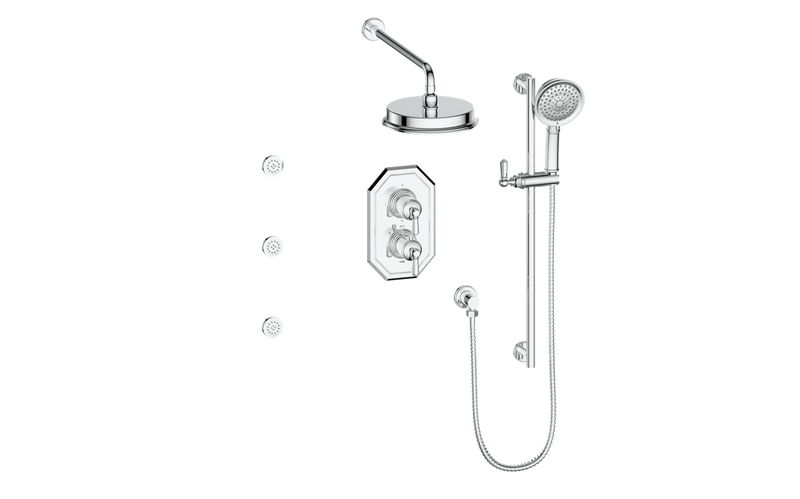 Vogt Carinthia 3-Function Thermostatic Shower System with 8" Rain Head, Hand Shower & Body Jets – Wall-Mount – Octagonal Handle – Chrome – SET.C2.320.810.CC