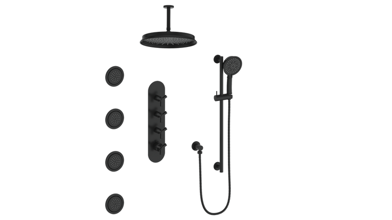 Vogt Zehn 3/4" High-Flow Thermostatic Shower System with 12" Rain Head, Hand Shower & Body Jets – Ceiling-Mount – Matte Black – SET.Z3.350.936.MB