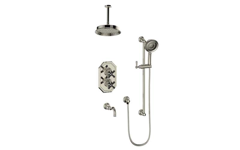 Vogt Carinthia 3-Function Thermostatic Tub & Shower System with 8" Rain Head, Hand Shower & Tub Spout – Ceiling-Mount – Polished Nickel / Matte Black – SET.C32.320.316.PB