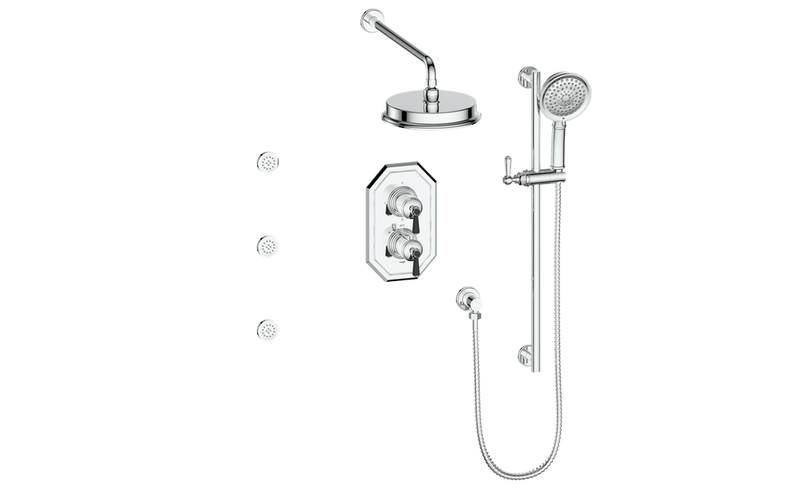 Vogt Carinthia 3-Function Thermostatic Shower System with 8" Rain Head, Hand Shower & Body Jets – Wall-Mount – Lever Handle – Chrome / Matte Black – SET.C1.320.810.CB