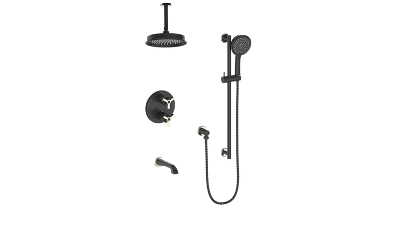 Vogt Zehn 3-Function Thermostatic Tub & Shower System with 8" Rain Head, Hand Shower & Tub Spout – Ceiling-Mount – Matte Black / Polished Nickel – SET.Z3.320.316.PB