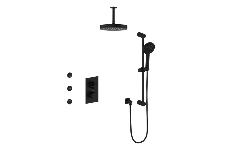 Vogt Mond 3-Function Thermostatic Shower System with 10" Rain Head, Hand Shower & Body Jets – Ceiling-Mount – Matte Black – SET.M3.320.816.MB