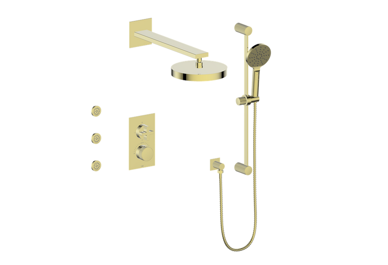 Vogt Mond 3-Function Thermostatic Shower System with 10" Rain Head, Hand Shower & Body Jets – Wall-Mount – Brushed Gold – SET.M3.320.810.BG