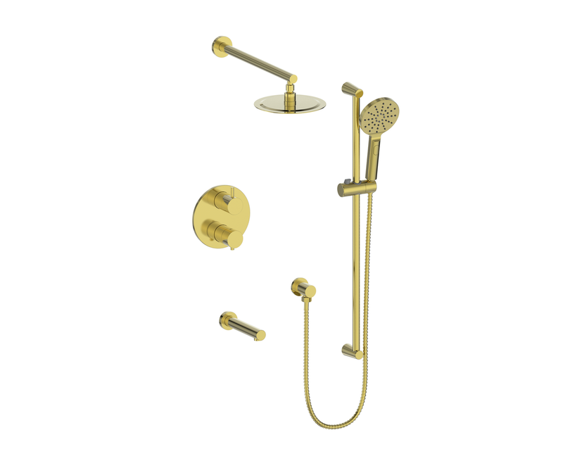 Vogt Worgl 3-Function Thermostatic Tub & Shower System with 8" Rain Head, Hand Shower & Tub Spout – Wall-Mount – Brushed Gold – SET.WL.320.310.BG