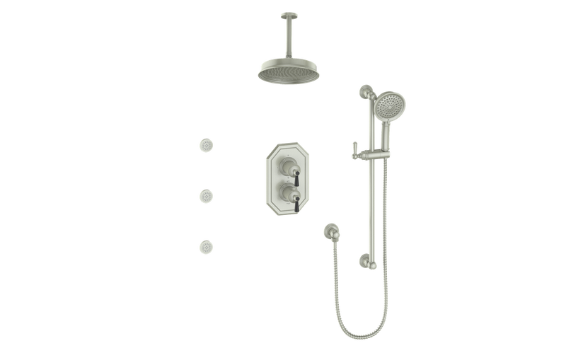 Vogt Carinthia 3-Function Thermostatic Shower System with 8" Rain Head, Hand Shower & Body Jets – Ceiling-Mount – Lever Handle – Brushed Nickel / Matte Black – SET.C1.320.816.BB