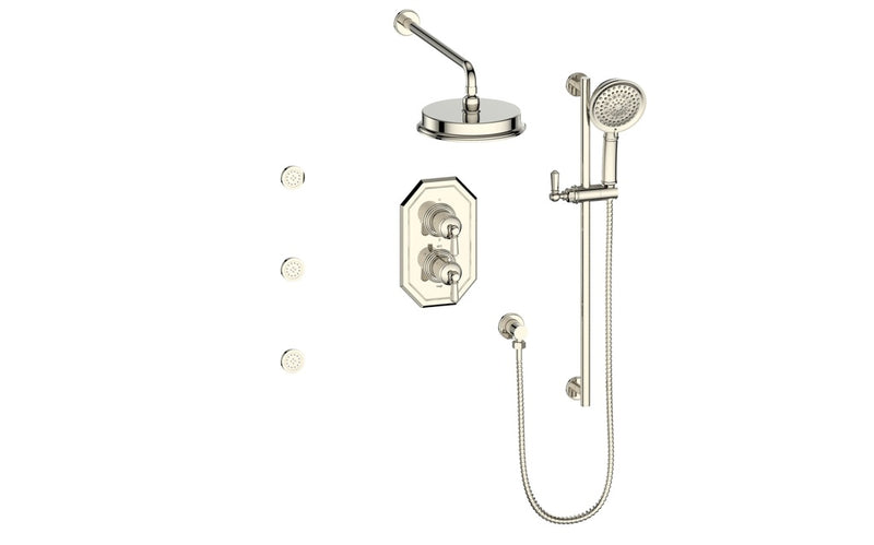 Vogt Carinthia 3-Function Thermostatic Shower System with 8" Rain Head, Hand Shower & Body Jets – Wall-Mount – Octagonal Handle – Polished Nickel – SET.C2.320.810.PN