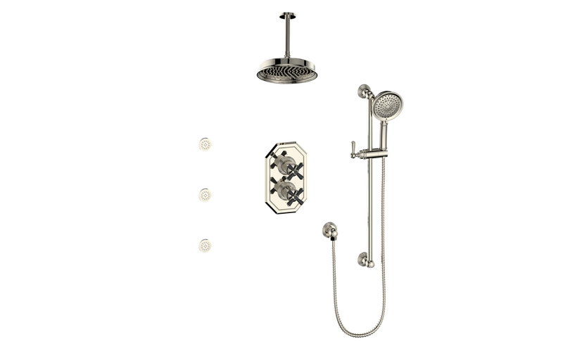 Vogt Carinthia 3-Function Thermostatic Shower System with 8" Rain Head, Hand Shower & Body Jets – Ceiling-Mount – Cross Handle – Polished Nickel / Matte Black – SET.C3.320.816.PB