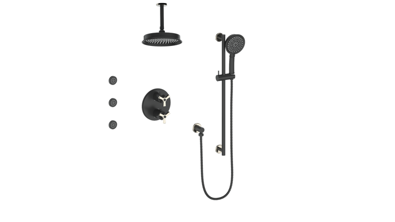 Vogt Zehn 3-Function Thermostatic Shower System with 8" Rain Head, Hand Shower & Body Jets – Ceiling-Mount – Matte Black / Polished Nickel – SET.Z3.320.816.PB