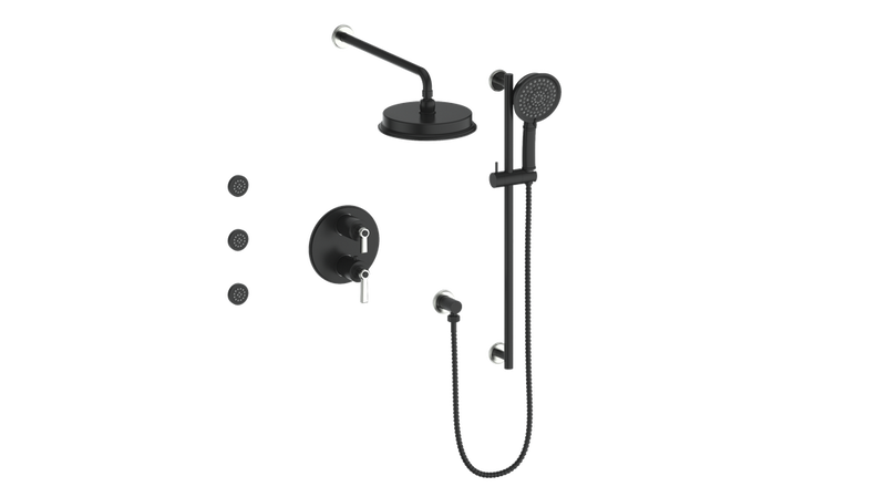 Vogt Zehn 3-Function Thermostatic Shower System with 8" Rain Head, Hand Shower & Body Jets – Wall-Mount – Matte Black / Stainless Steel – SET.Z1.320.810.SB