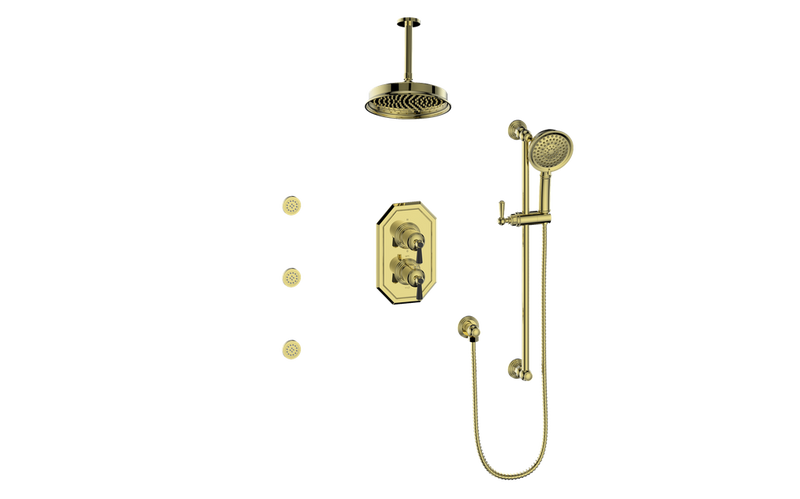 Vogt Carinthia 3-Function Thermostatic Shower System with 8" Rain Head, Hand Shower & Body Jets – Ceiling-Mount – Lever Handle – Brushed Gold / Matte Black – SET.C1.320.816.BGB
